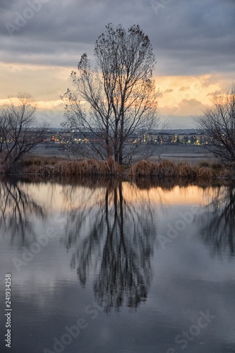 Views of Josh   s Pond walking path  Reflecting Sunset in Broomfield Colorado surrounded by Cattails  plains and Rocky mountain landscape during sunset. United States.