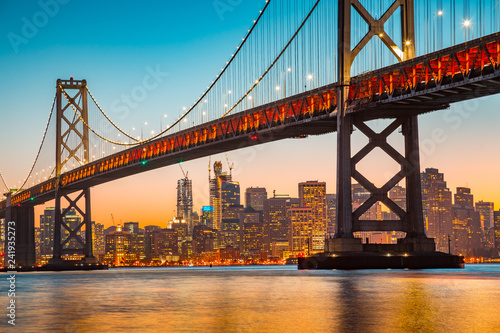 San Francisco skyline with Oakland Bay Bridge at sunset, California, USA © JFL Photography