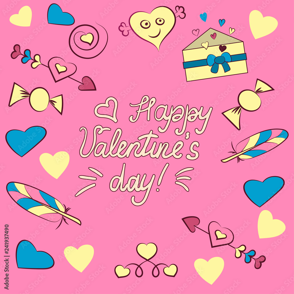 Set of Valentine s day elements isolated on pink background. Vector illustration. Heart, letter, arrow, candy, pen, inscription I love you, happy Valentine s Day.