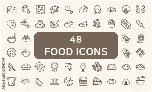 Set of 48 Food Related Vector Line Icons. Stroke icons set. Collection Of food, restaurant, chicken, pizza, dessert And Other Elements. customize color, stroke width control , easy resize.