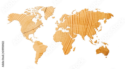 World map of earth showing continents on a wood textured background on white