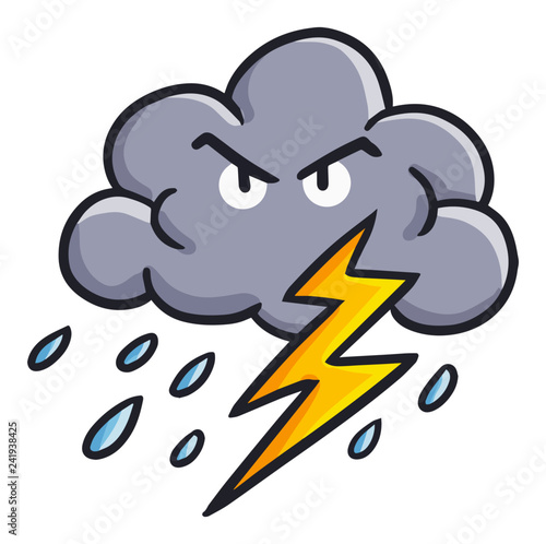 Funny and cute cloud with rain and thunder - vector