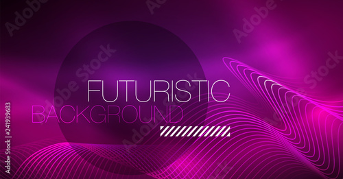 Abstract shiny glowinng color wave design element on dark background - science or technology concept