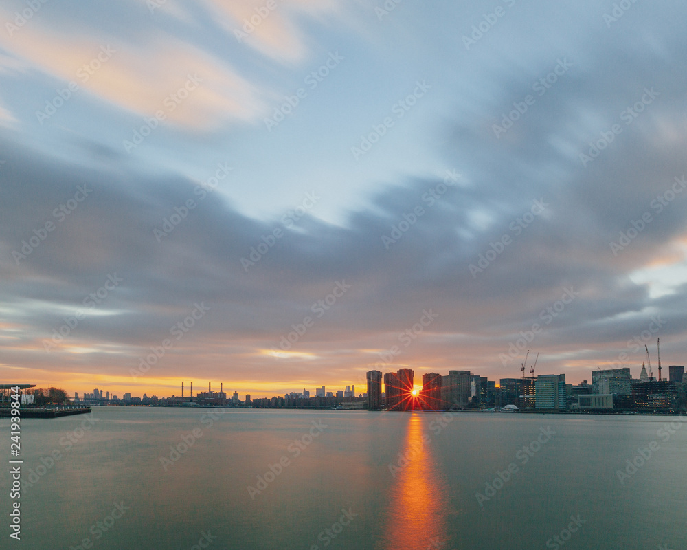 Manhattan skyline at sunset viewed from Long Island City, in New York City, USA