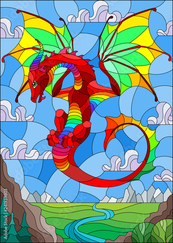 Illustration in stained glass style with bright dragon on landscape and blue sky background