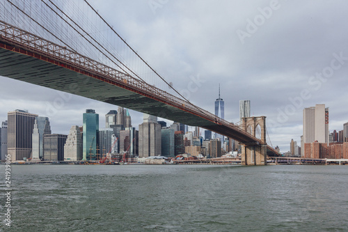 Manhattan skyline viewed from Brooklyn with Brooklyn bridge  in New York City  USA