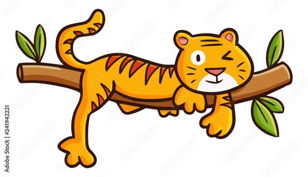 Cute and funny tiger hanging on the tree - vector