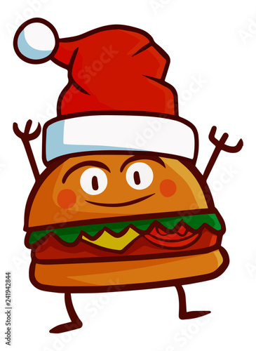 Cute and funny hamburger smiling happily, waving its hand and wearing Santa's hat for christmas - vector.