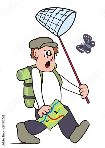 Man with net on butterflies, funny vector illustration
