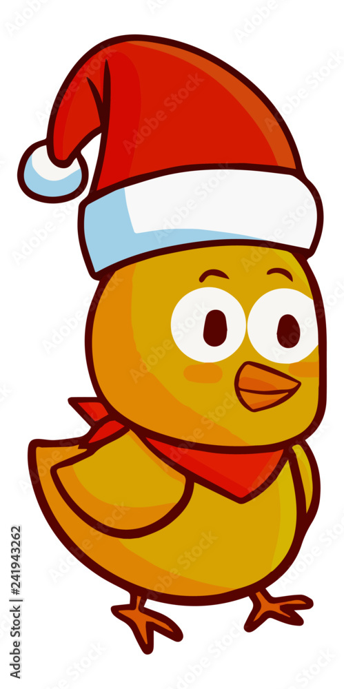 Obraz premium Cute and funny little chicken wearing Santa's hat for christmas - vector.