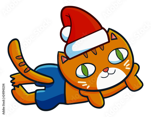 Cute and funny cat wearing Santa's hat for christmas, wandering and daydreaming - vector.