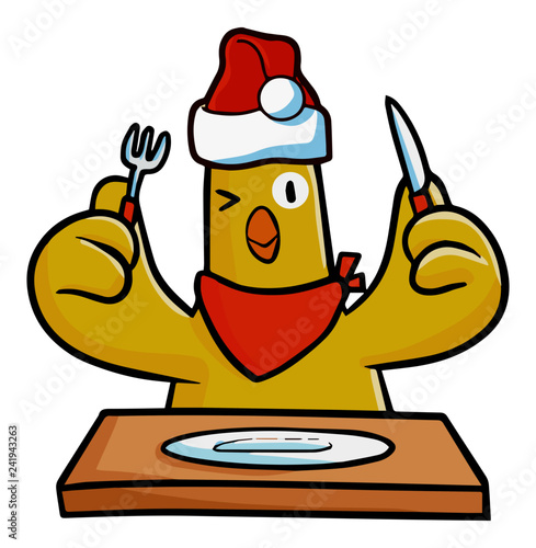 Fototapeta Naklejka Na Ścianę i Meble -  Funny and cute yellow chicken wearing Santa's hat for christmas, and ready to eat - vector