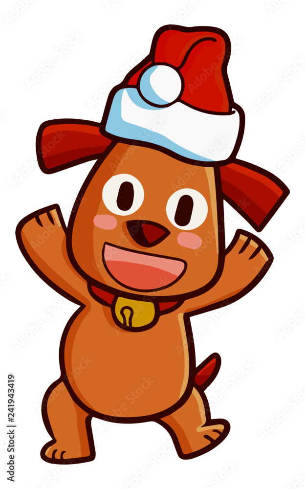 Cute and funny dog wearing Santa's hat for christmas, dancing and laughing - vector. Cute and funny dog wearing Santa's hat for christmas, dancing and laughing - vector.