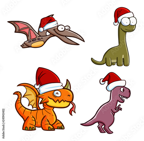 Cute and funny pre-historic dinosaurs wearing Santa's hat for christmas celebration - vector