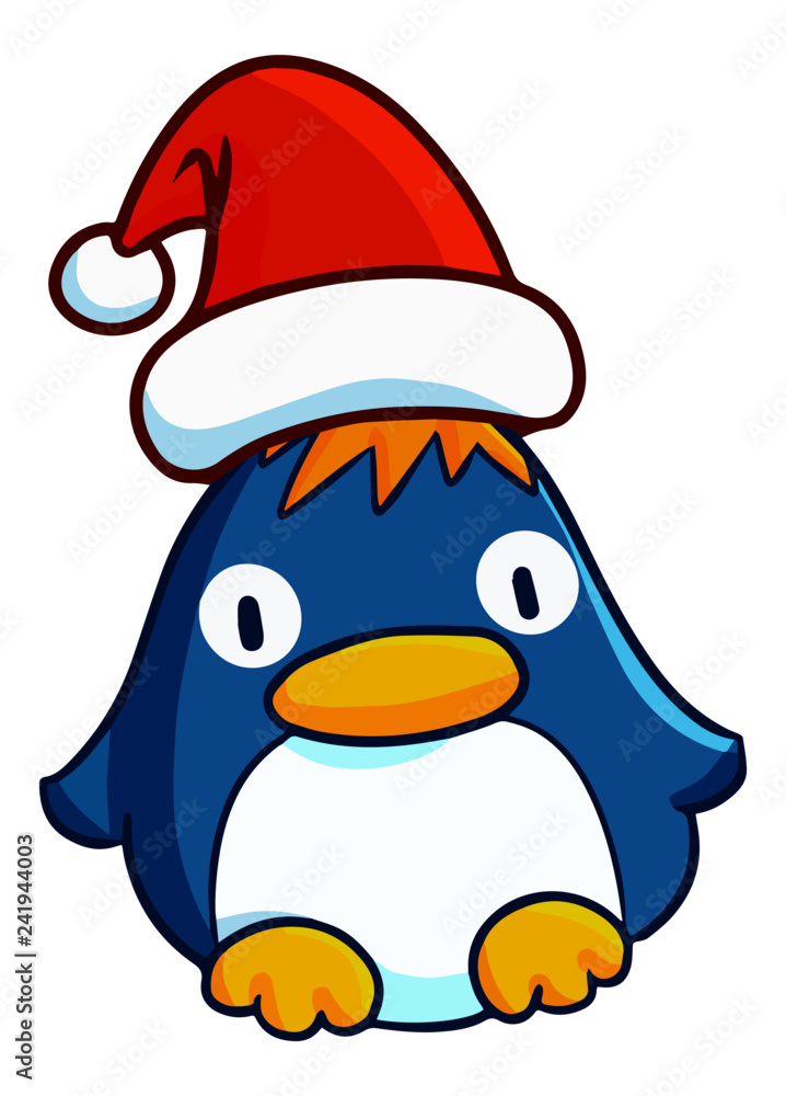 Cute and funny fat blue penguin with yellow hair wearing Santa's hat -  vector. Stock Vector | Adobe Stock