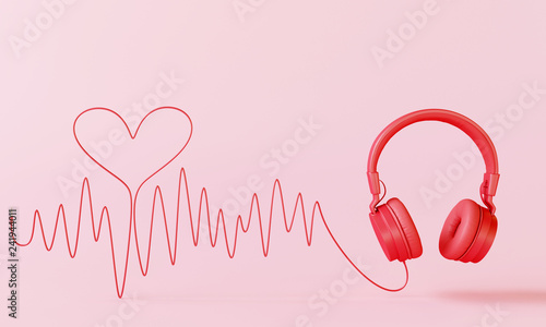 Canvas-taulu Red headphone with sound wave cable heart on pink background