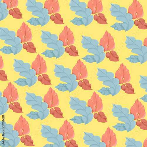 Seamless leaf pattern with yellow background for wallpaper and clothes