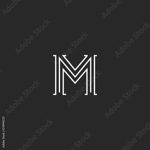 Logo M letter medieval with old serif. Old minimalist style typography design element.