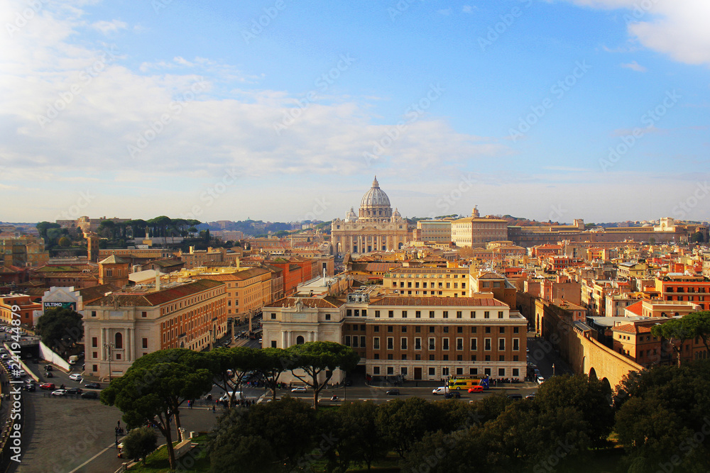 Rome, Italy - December 30, 2018: Panorama of Rome and view at St. Peter's Basilica (Vatican) from Angel Castle (Castel Sant'Angelo).