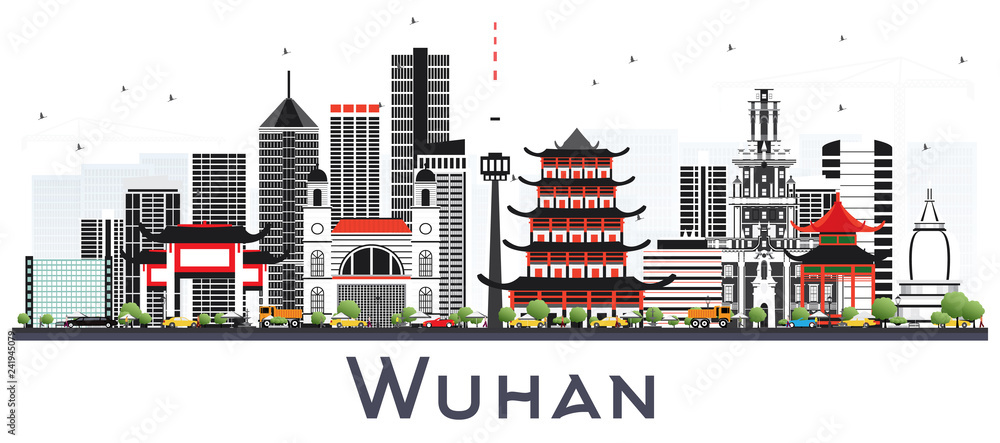 Wuhan China City Skyline with Gray Buildings Isolated on White.