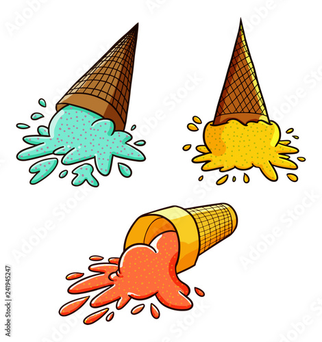 Funny yellow ice cream with cone fall into the ground set - vector.