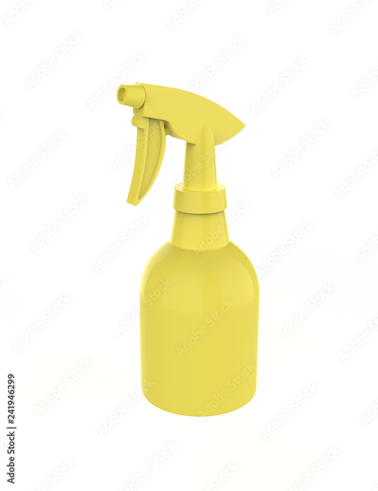 Spray bottle with pistol sprayer head for cosmetic or house care products. plastic cosmetics package with trigger for barber shop. 3d illustration Spray bottle with pistol sprayer head for cosmetic or house care products. plastic cosmetics package with trigger for barber shop. 3d illustration