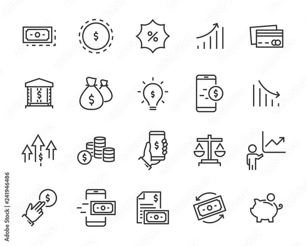 set of money icons, such as exchange, stock, payment, credit, account set of money icons, such as exchange, stock, payment, credit, account