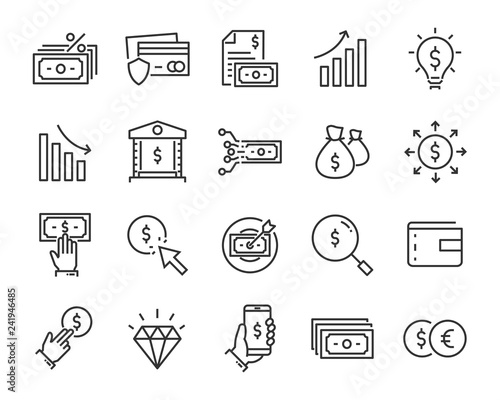 set of money icons, such as exchange, stock, payment, credit, account