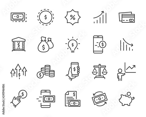 set of money icons, such as exchange, stock, payment, credit, account