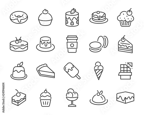 set of sweet icons, such as, coffee, cake, dessert, chocolate, pudding, pancake, bakery