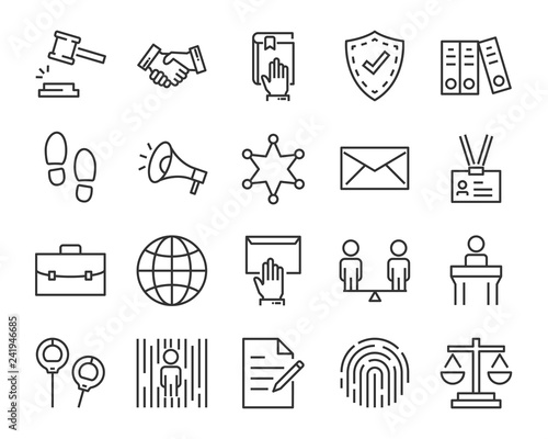 set of justice icons, such as, law, lawyer, security, police