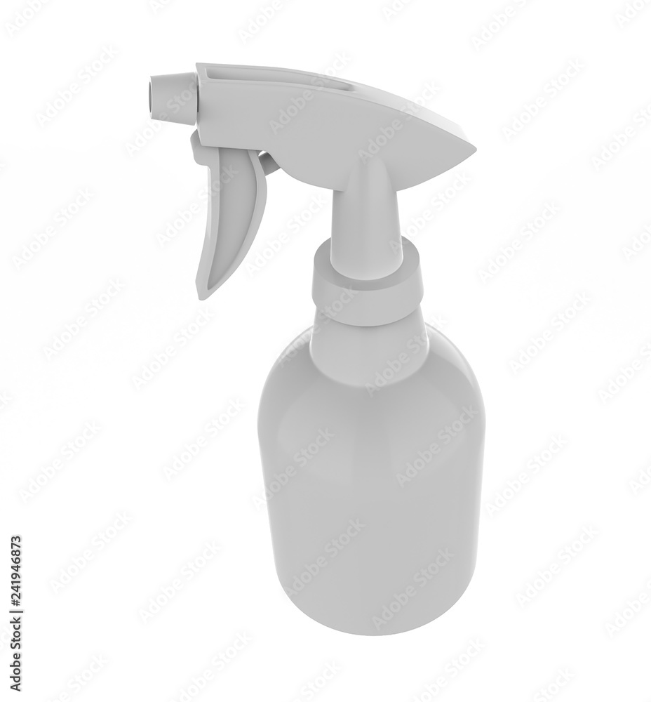 Spray bottle with pistol sprayer head for cosmetic or house care products. plastic cosmetics package with trigger for barber shop. 3d illustration Spray bottle with pistol sprayer head for cosmetic or house care products. plastic cosmetics package with trigger for barber shop. 3d illustration