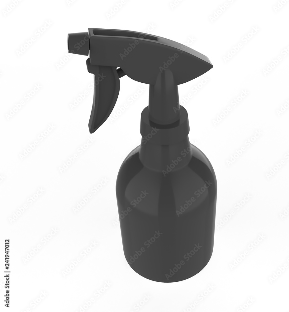 Spray bottle with pistol sprayer head for cosmetic or house care products. plastic cosmetics package with trigger for barber shop. 3d illustration Spray bottle with pistol sprayer head for cosmetic or house care products. plastic cosmetics package with trigger for barber shop. 3d illustration