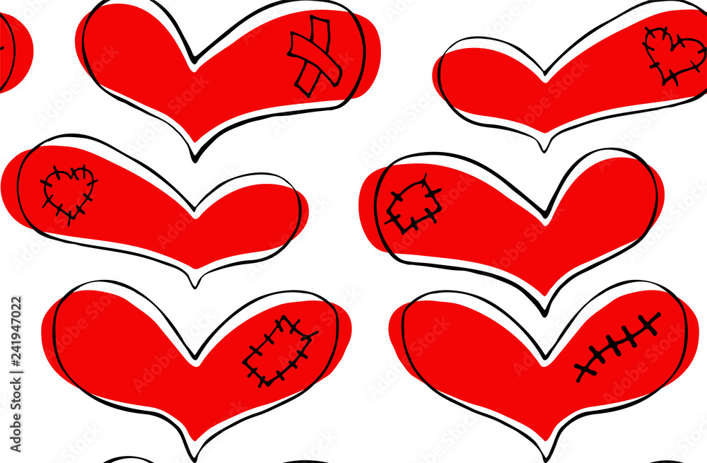 Hand drawn seamless pattern with red hearts on - Stock