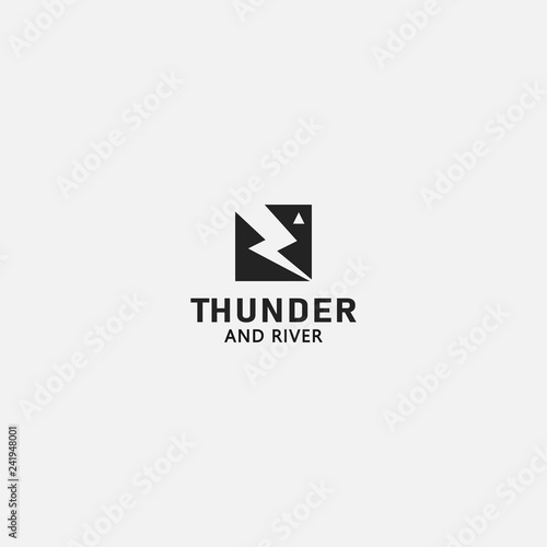 Thunder and river landscape outdoor photography icon logo design in monochrome