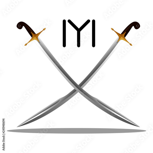 Ottoman Turkish sword in classical form with the Kayi Stamp (The tribe name of Ottomans.) isolated in white background. Vectoral. 