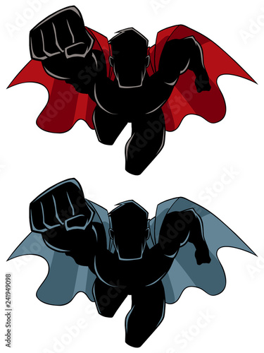 Front view silhouette illustration of determined and powerful superhero wearing cape while flying against white background for copy space.