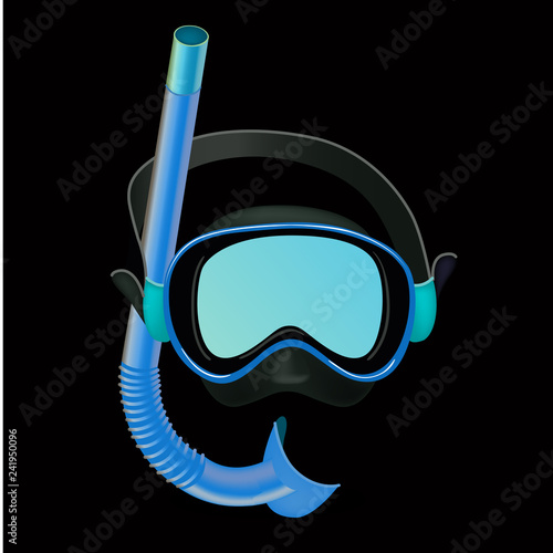 Realistic Blue diving mask on black background, diving tube, swimming equipment, snorkeling