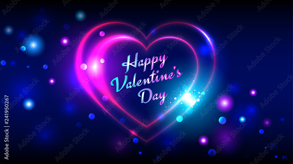 Happy valentines day vector greeting cards, bright multi-colored neon heart shape on dark bokeh background