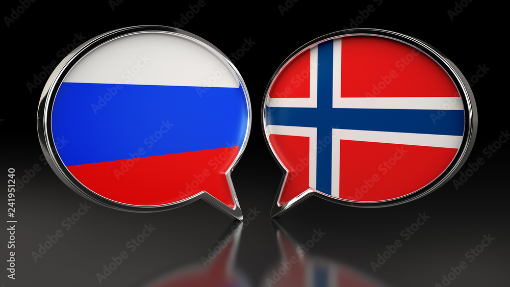 Russia and Norway flags with Speech Bubbles. 3D illustration Russia and Norway flags with Speech Bubbles. 3D illustration