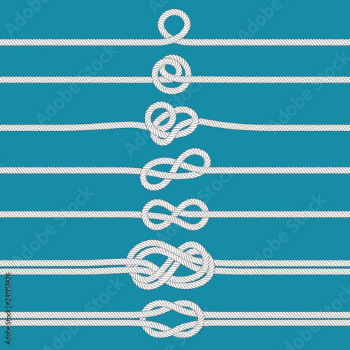 Tying knot. Nautical tied rope knots, marine ropes and wedding cordage divider vector illustration set