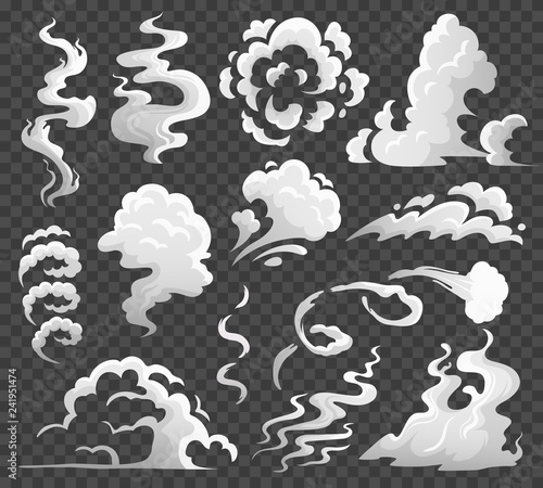 Smoke clouds. Comic steam cloud, fume eddy and vapor flow. Dust clouds isolated cartoon vector illustration