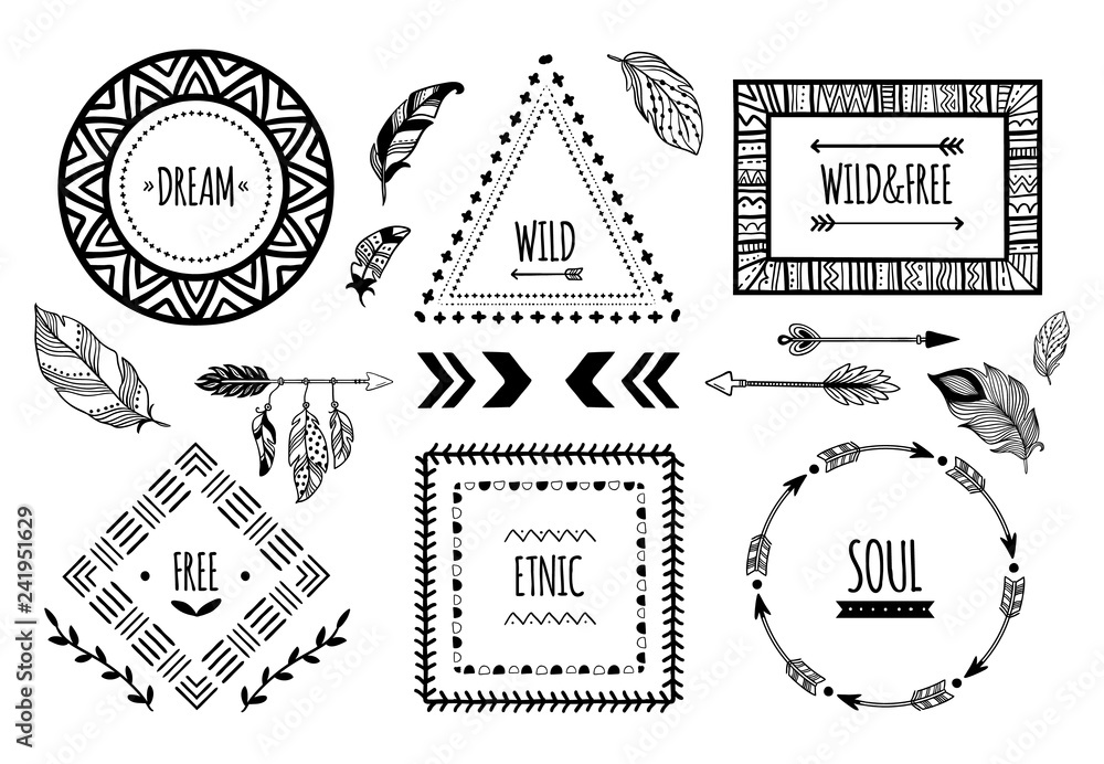 Tribal frames. American indian ethnic frame, bohemian aztec tattoo or  tribals fashion border isolated vector illustration Stock Vector