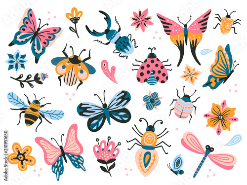 Cute bugs. Child drawing insects, flying butterflies and baby ladybird. Flower butterfly, fly insect and beetle flat vector set