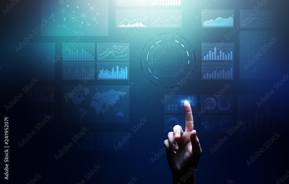 Virtual screen business intelligence dashboard, analytics and big data technology concept. Virtual screen business intelligence dashboard, analytics and big data technology concept.