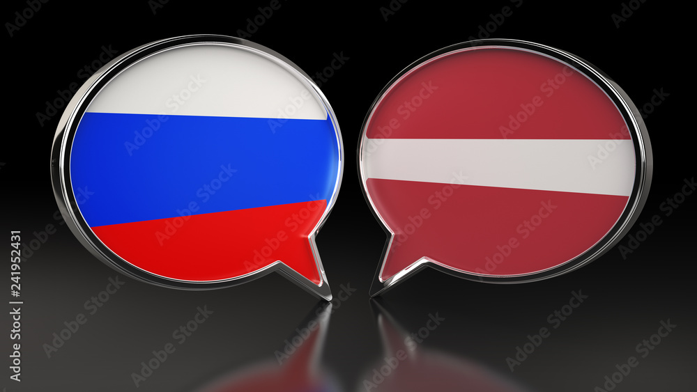 Russia and Latvia flags with Speech Bubbles. 3D illustration Russia and Latvia flags with Speech Bubbles. 3D illustration