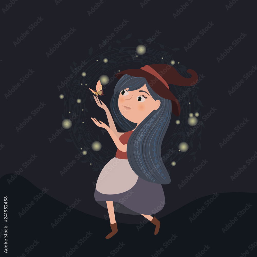 Magic forest illustrations with girl and night forest. Cartoon poster for children's holidays, design and illustrations for books. Editable vector illustration Magic forest illustrations with girl and night forest. Cartoon poster for children's holidays, design and illustrations for books. Editable vector illustration