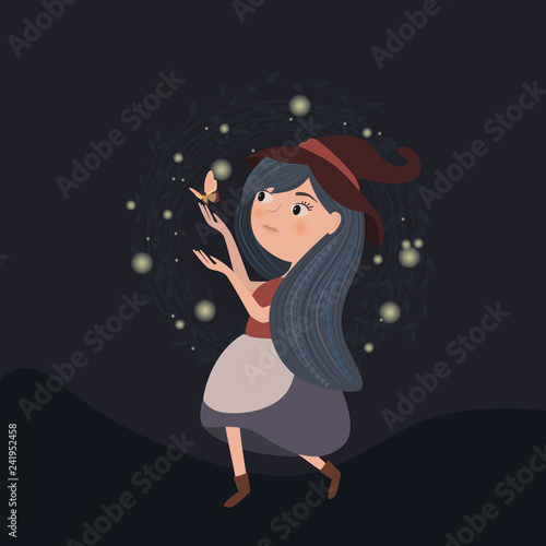 Magic forest illustrations with girl and night forest. Cartoon poster for children's holidays, design and illustrations for books. Editable vector illustration