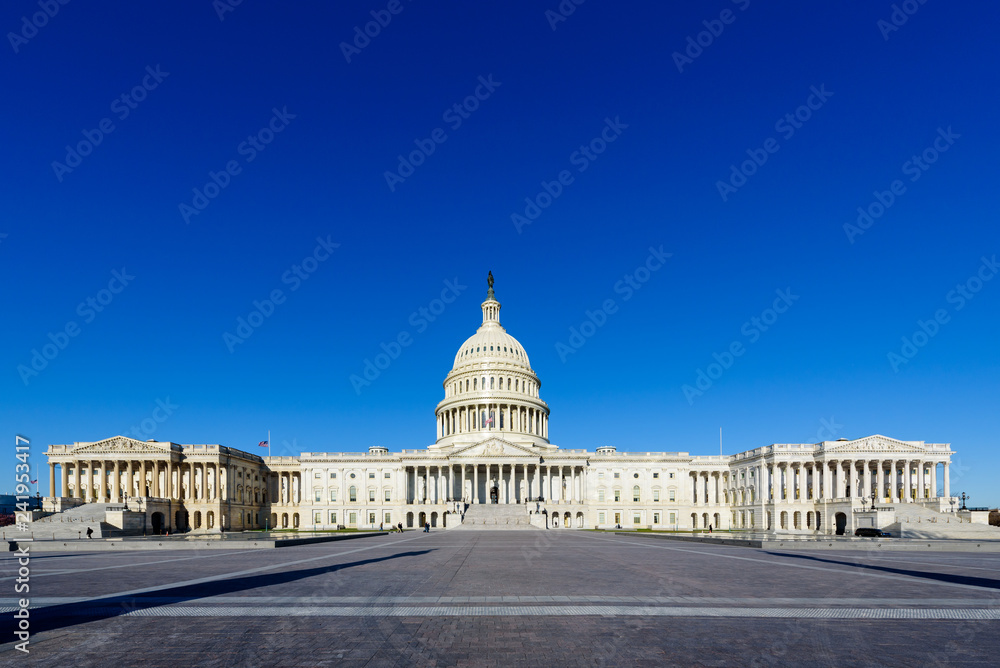 Panoramic view of The United States Capitol building in the morning with blue sky, Washington DC