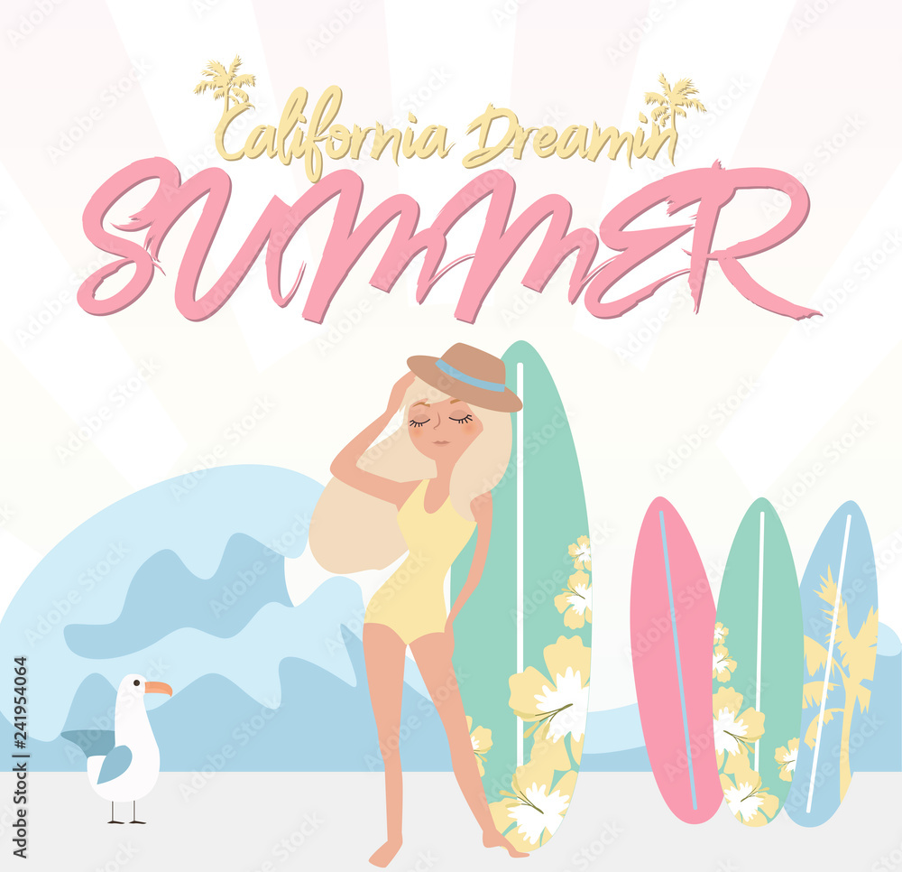Summer poster with relaxing girl on the beach in pastel color. Editable vector illustration